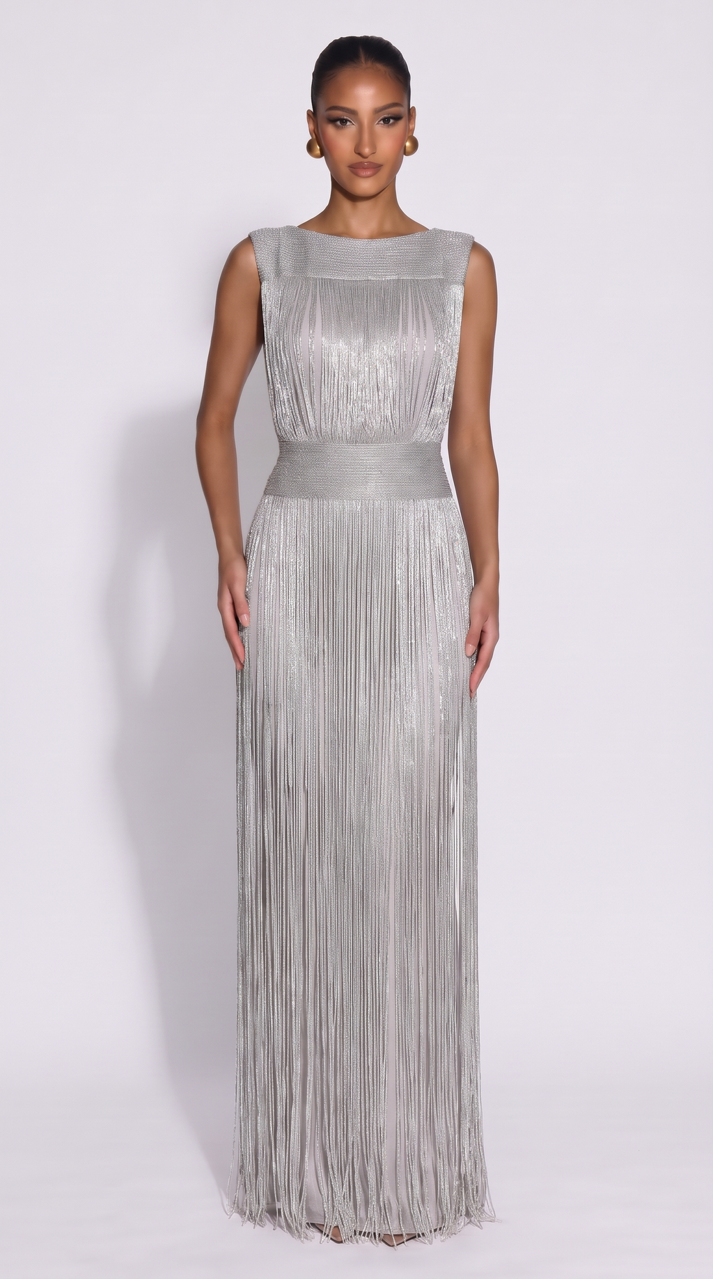 Aura | Vestido midi metalizado con flecos