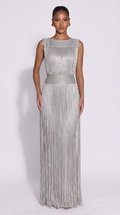 Aura | Vestido midi metalizado con flecos