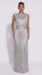 Aura | Vestido midi metalizado con flecos