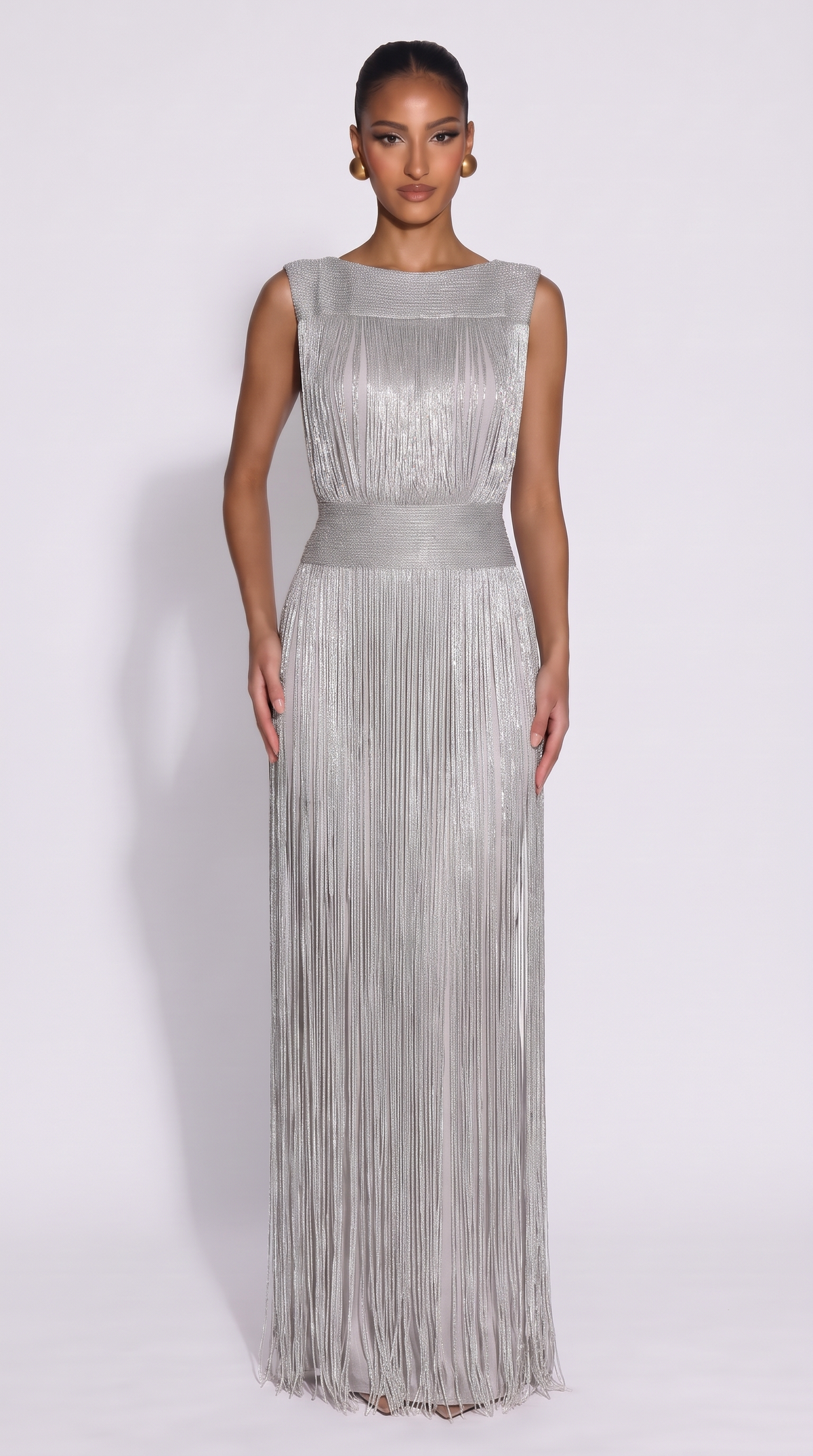 Aura | Vestido midi metalizado con flecos