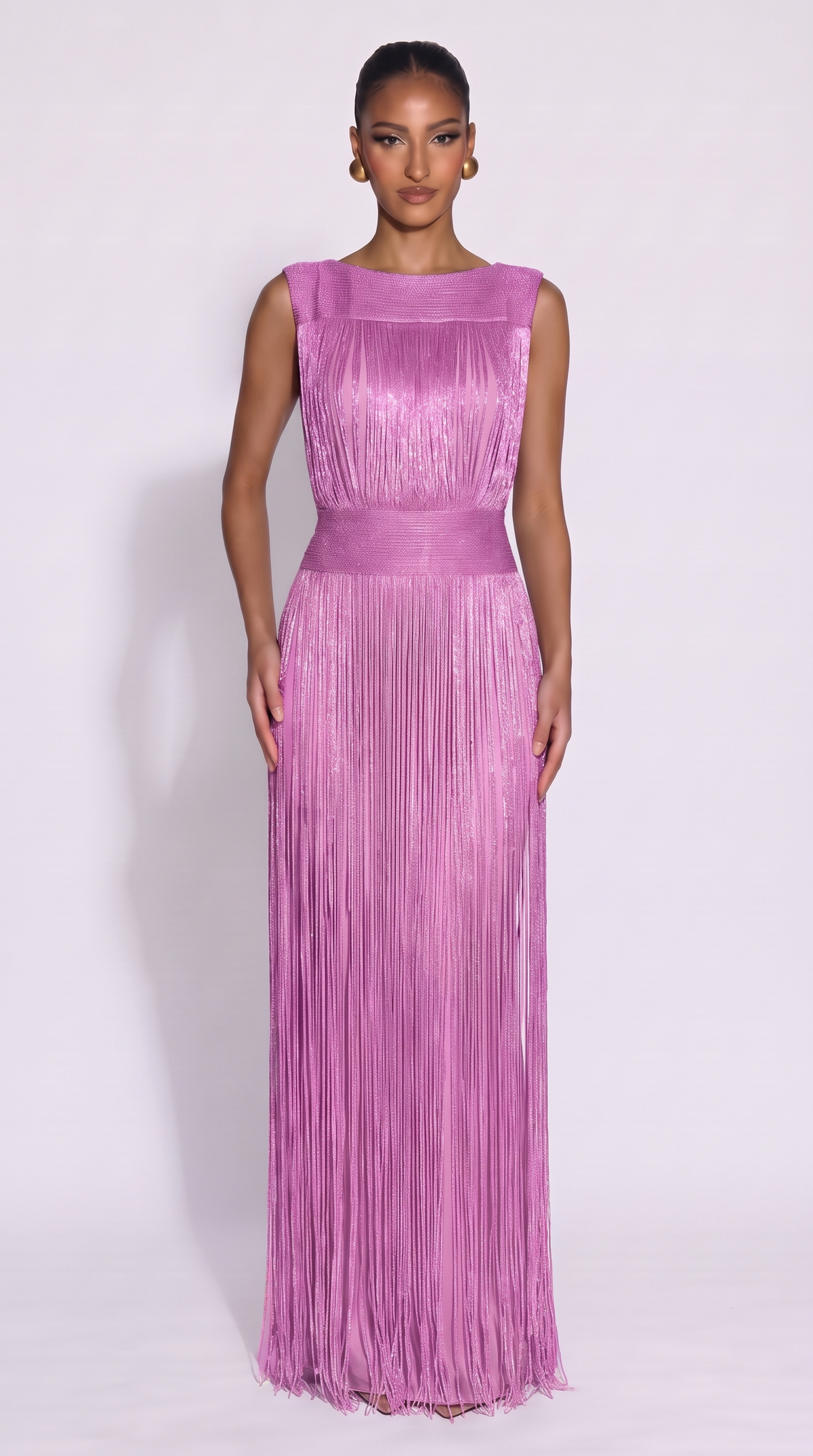 Aura | Vestido midi metalizado con flecos