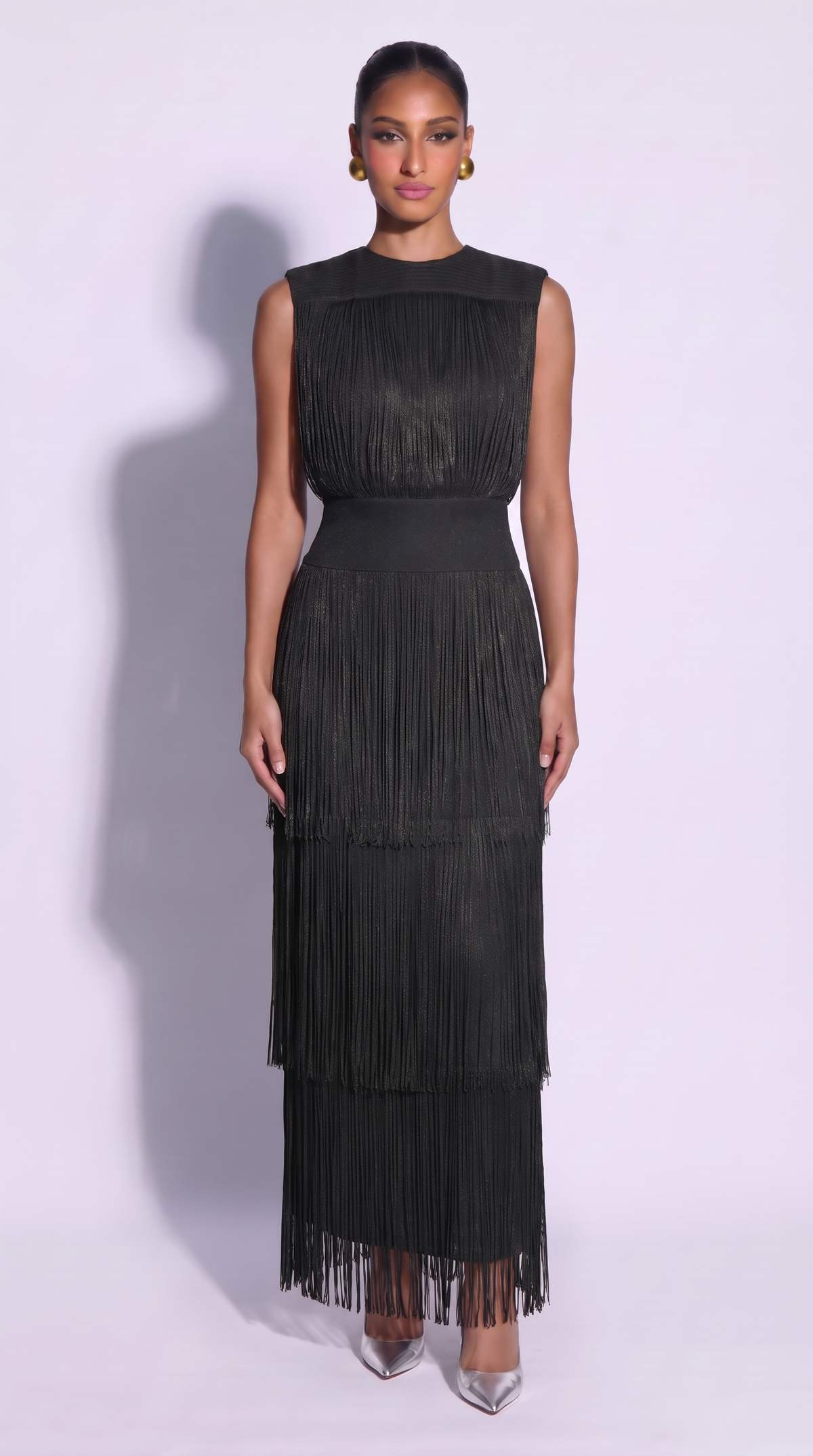 Aura | Vestido midi metalizado con flecos